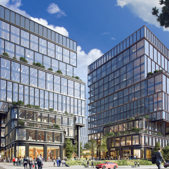 Exterior view rendering of Merge on Main in Bellevue, Washington