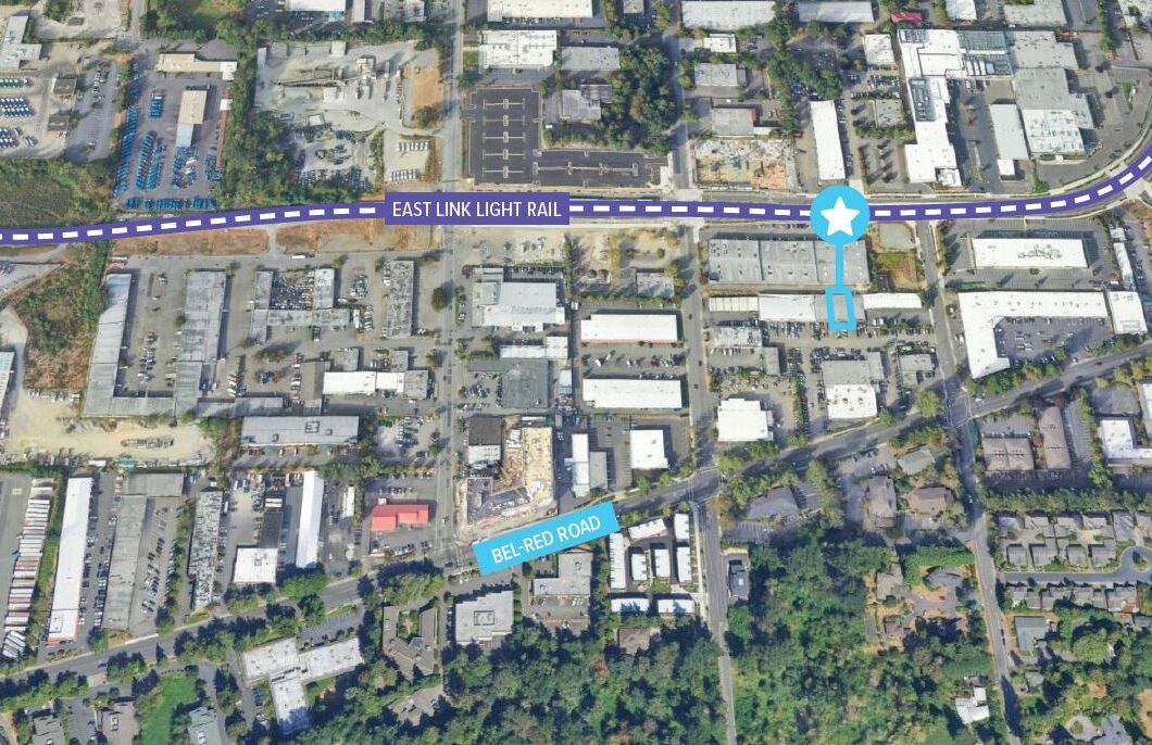Aerial view of 13230 Bel-Red Road in Bellevue, Washington