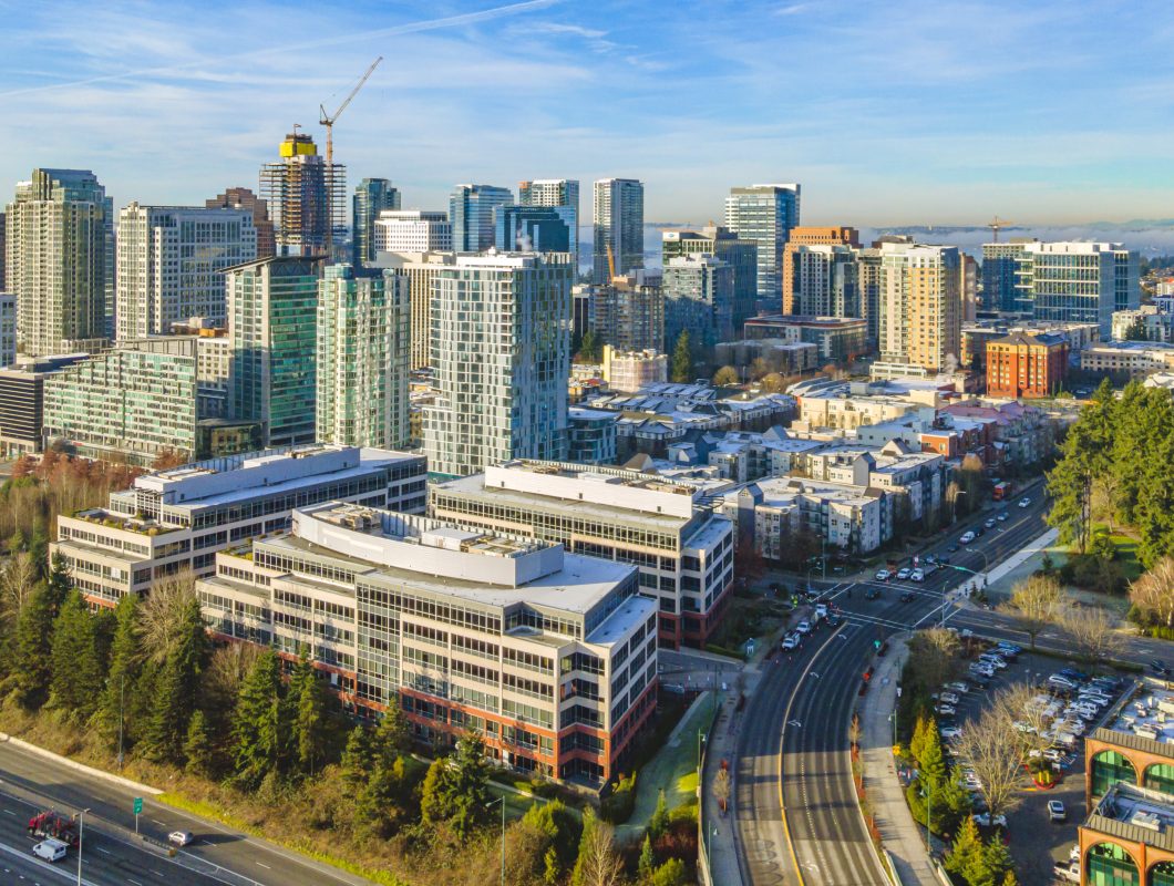 Aerial view of One Twelfth at Twelfth in Bellevue, Washington